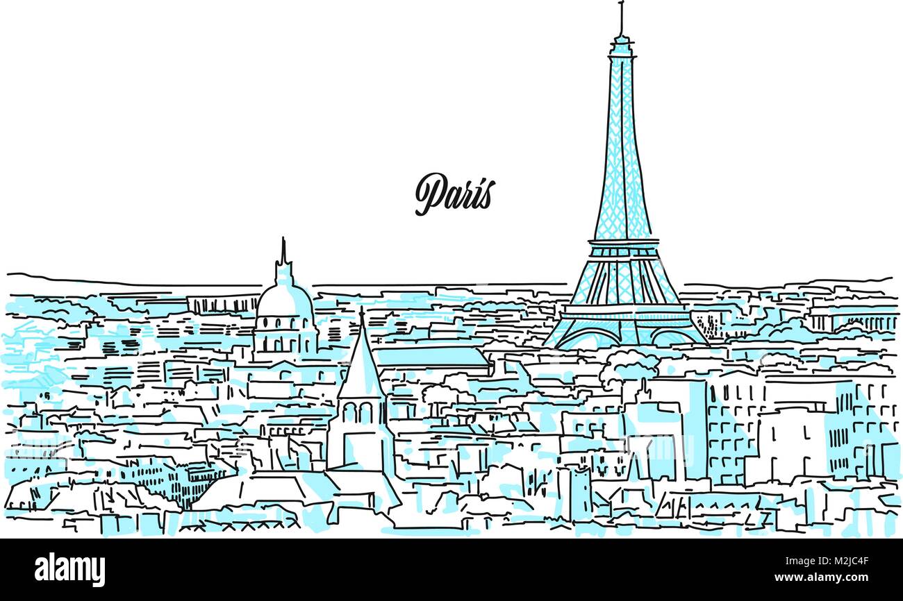 Paris Stadtbild Skizze. Hand gezeichnet Vector Illustration. Business Travel und Tourismus Konzept mit moderner Architektur. Stock Vektor