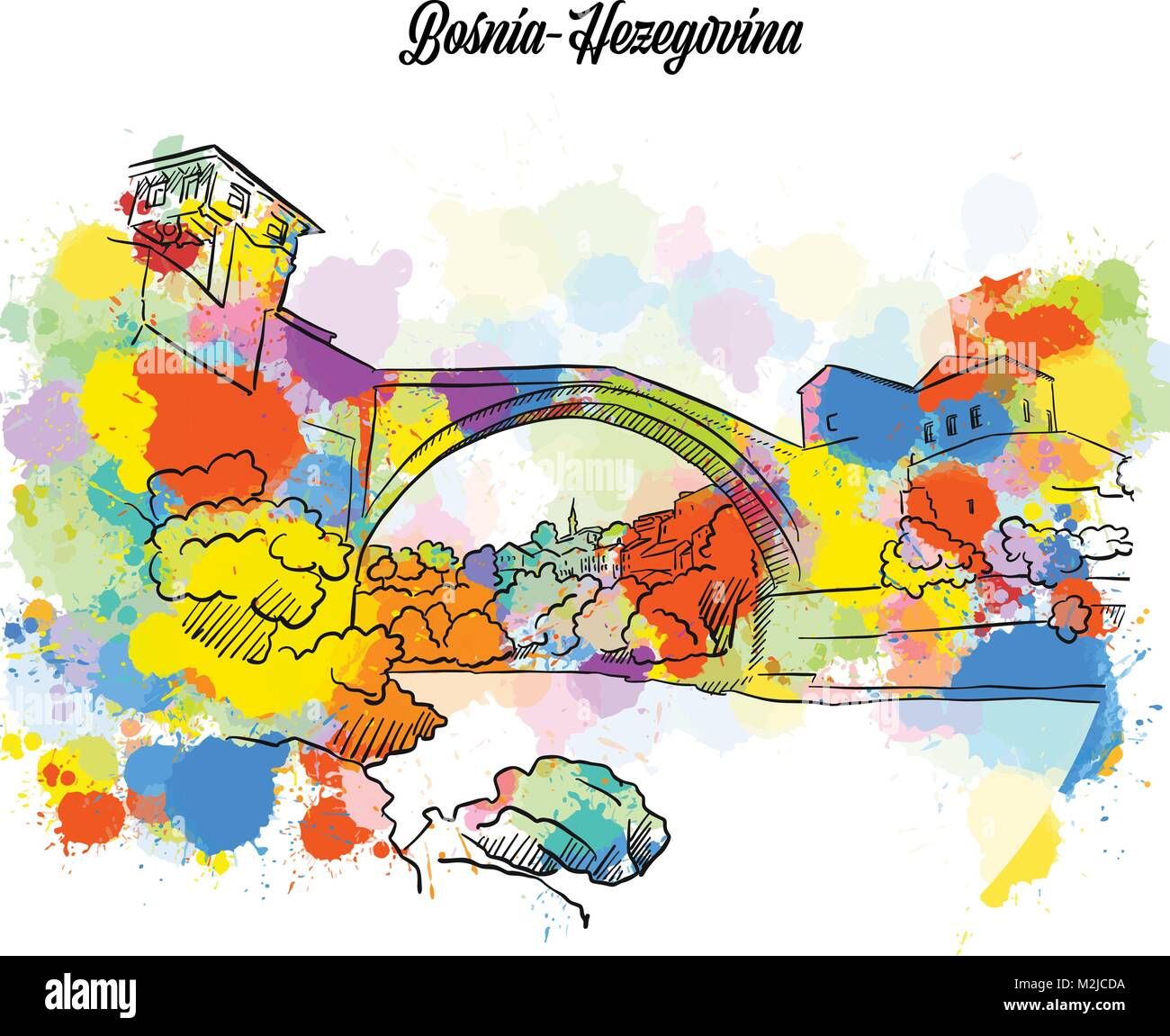 Bunte Brücke von Mostar Bosnia-Hezegovina. Hand gezeichnet Vektor-illustration, Paint Splatter Farbe isoliert auf weißem Hintergrund. Business Travel und Touri Stock Vektor