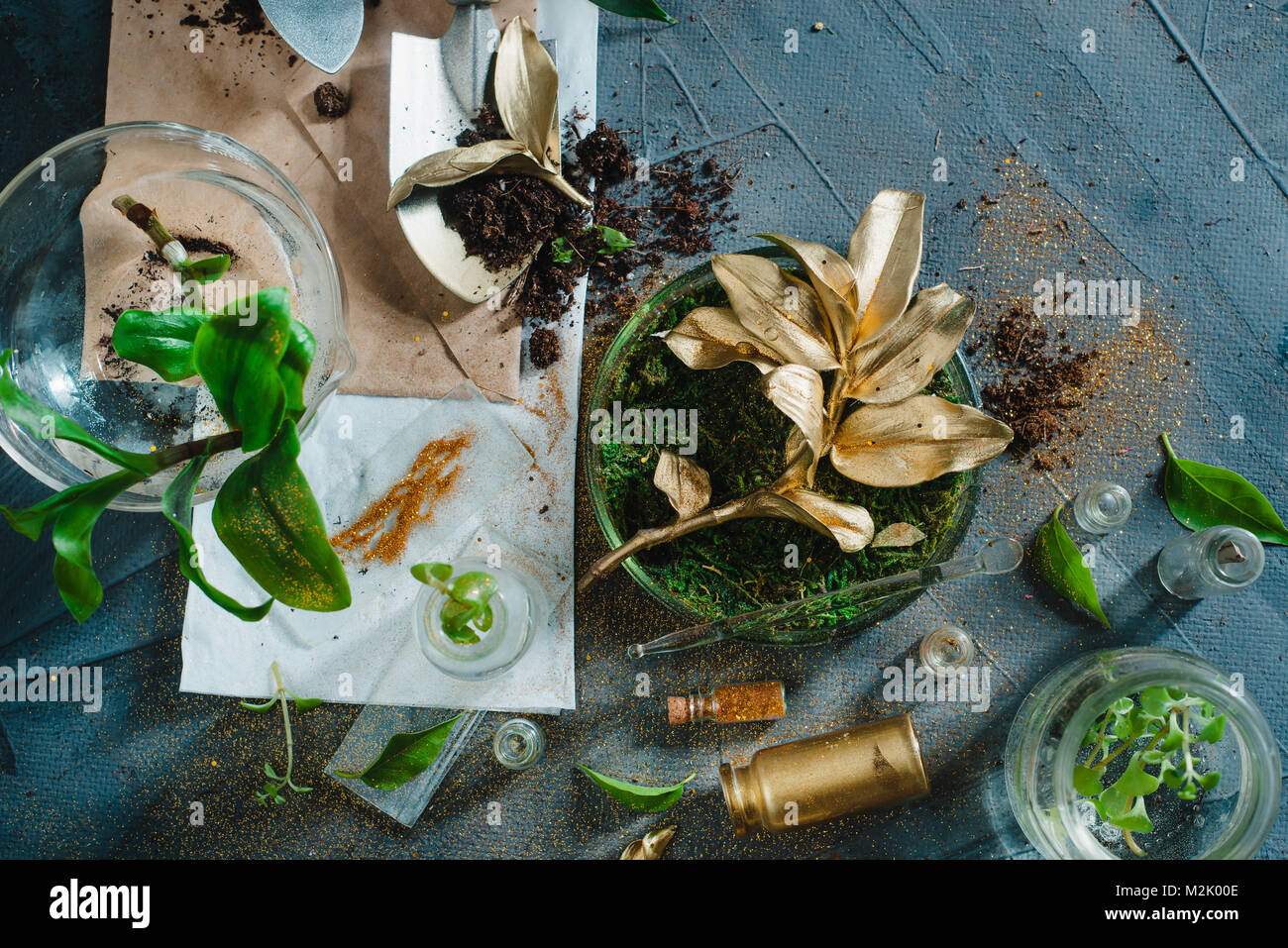 Goldenen Zweig mit Gartengeräten, Boden und grünen Pflanzen. Botanische und genetisch veränderten landwirtschaftlichen Konzept. Stockfoto