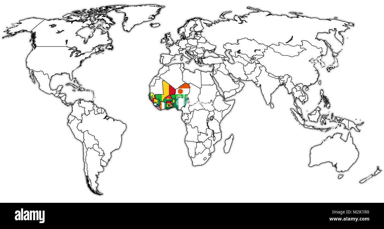 Wirtschaftsgemeinschaft Westafrikanischer Staaten Staaten Flaggen auf Weltkarte mit nationalen Grenzen Stockfoto