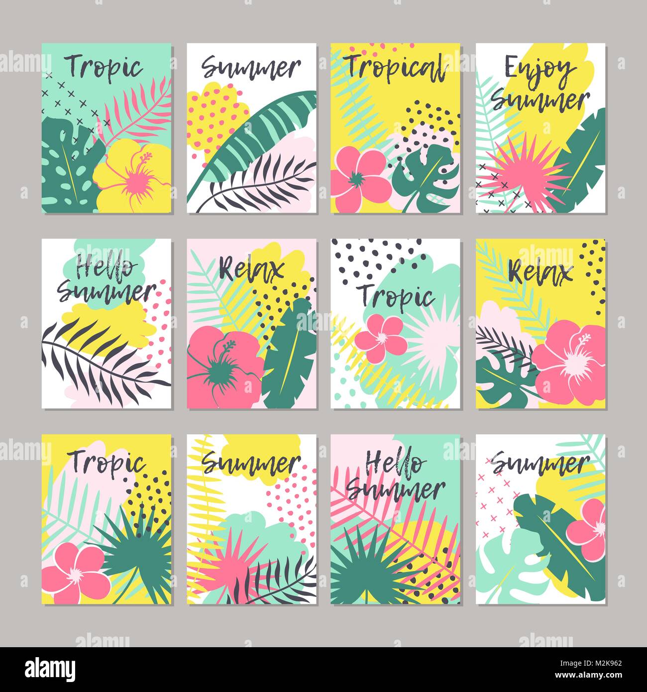 Set kreativer universal Blumen Karten im tropischen Stil. Stock Vektor