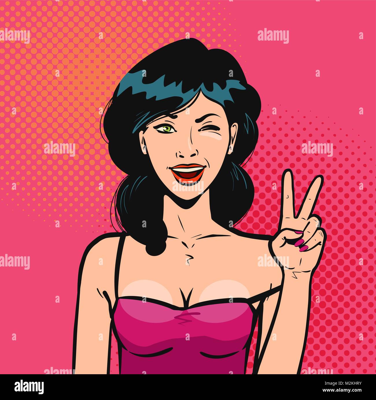 Happy girl zeigt Hand Geste, Sieg unterzeichnen. Porträt der schönen jungen Frau, die in der Pop Art retro Comic Stil. Cartoon Vector Illustration Stock Vektor