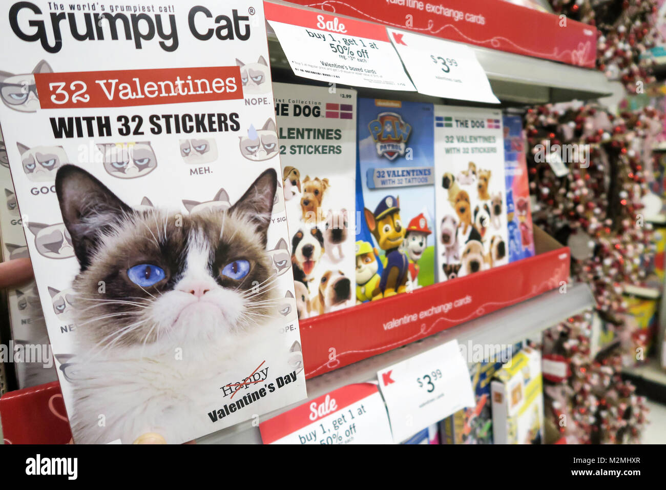 Grumpy Cat Valentines bei Kmart, NYC, USA Stockfoto