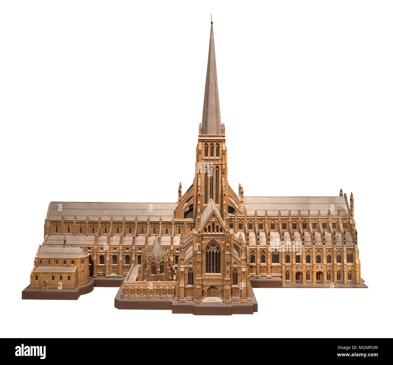 Modell der alten St Paul's Cathedral, London, die in 1320 abgeschlossen wurde und in dem großen Brand von London zerstört im Jahre 1666 (der Turm wurde im Jahr 1561 durch einen Blitzeinschlag zerstört), Museum of London, London, England, Großbritannien Stockfoto