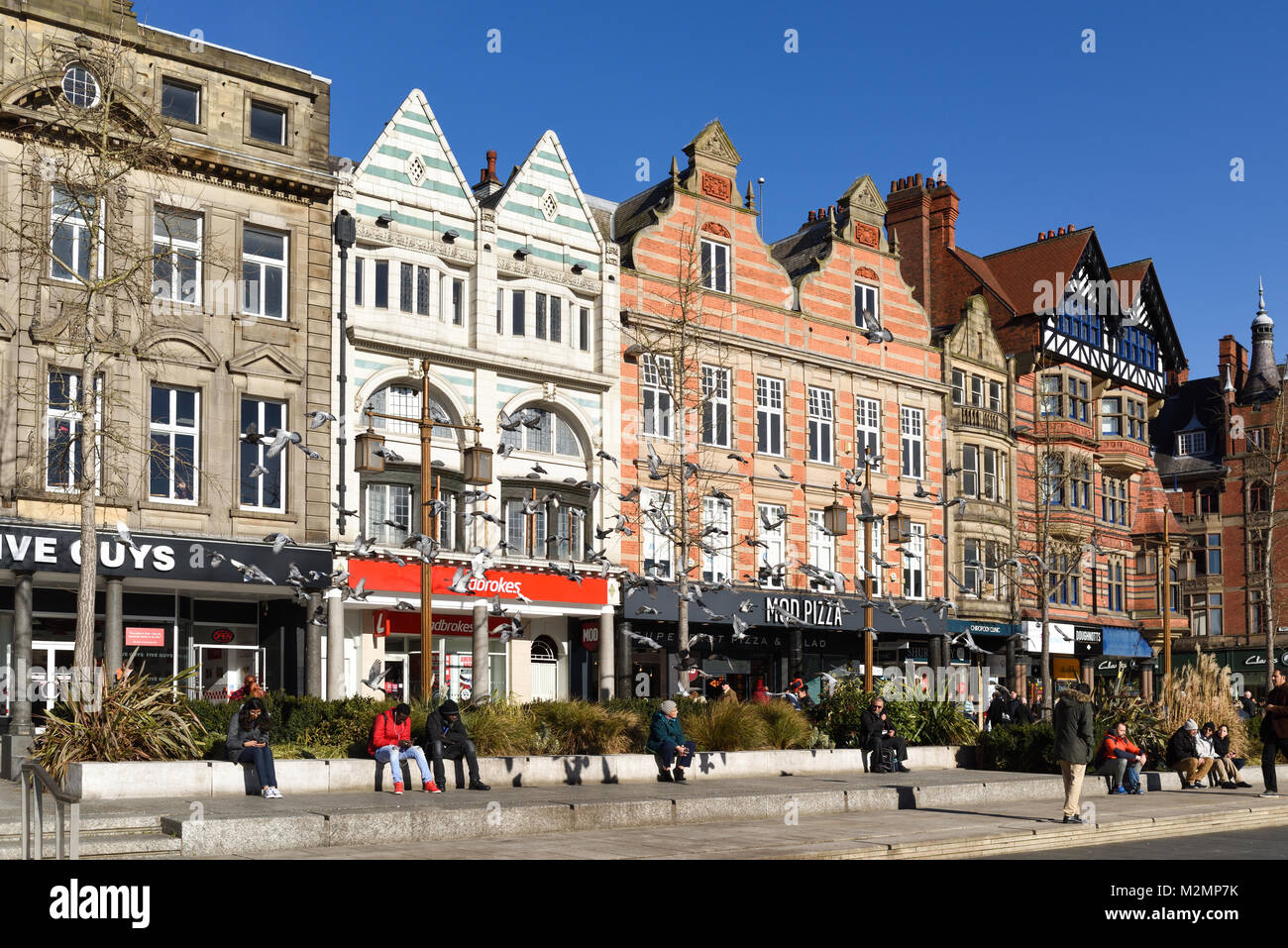 Old Market Square und Tauben Nottingham City Centre, Vereinigtes Königreich. Stockfoto
