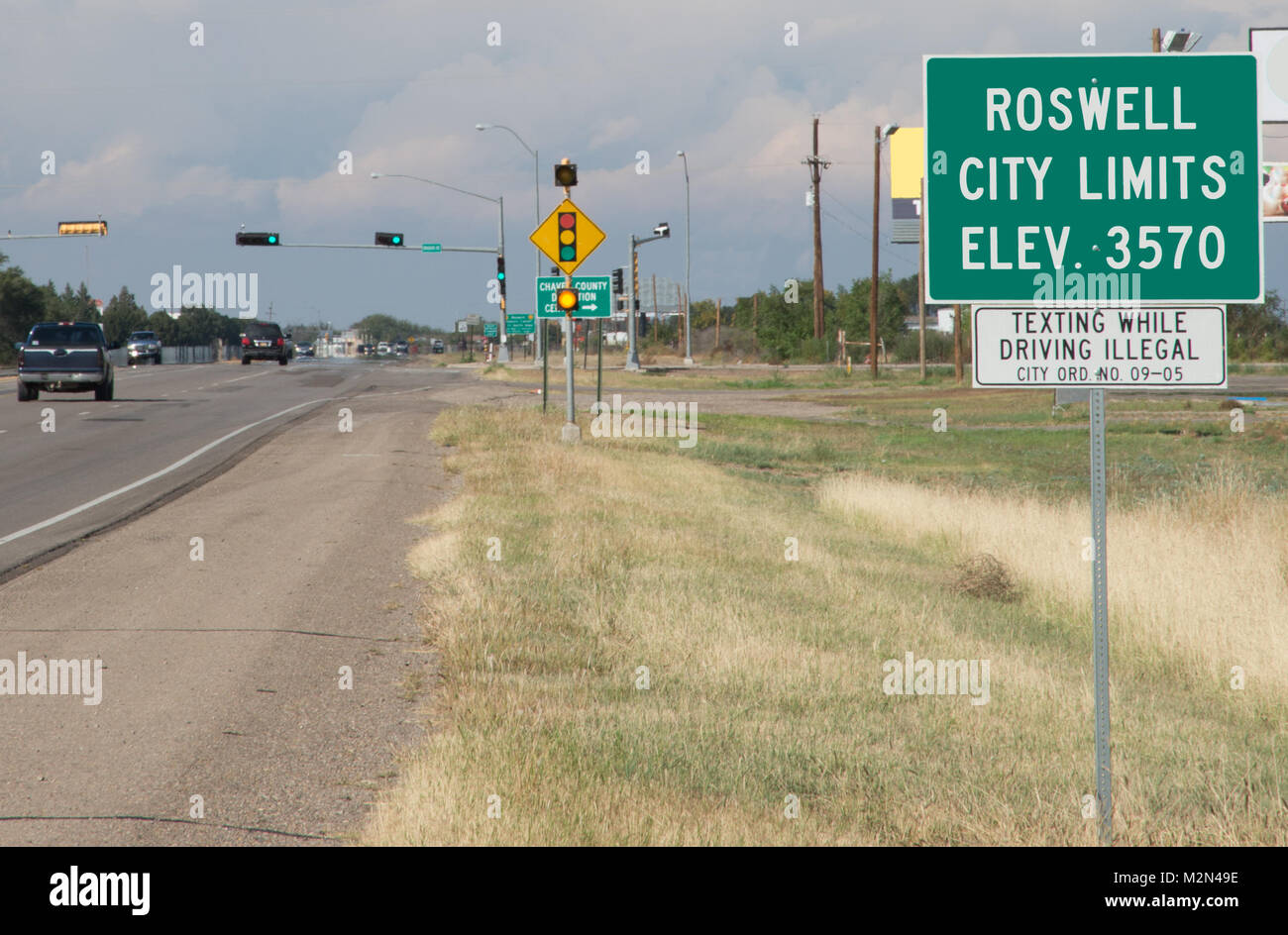 Hinweisschild für Roswell, New Mexico Stockfoto
