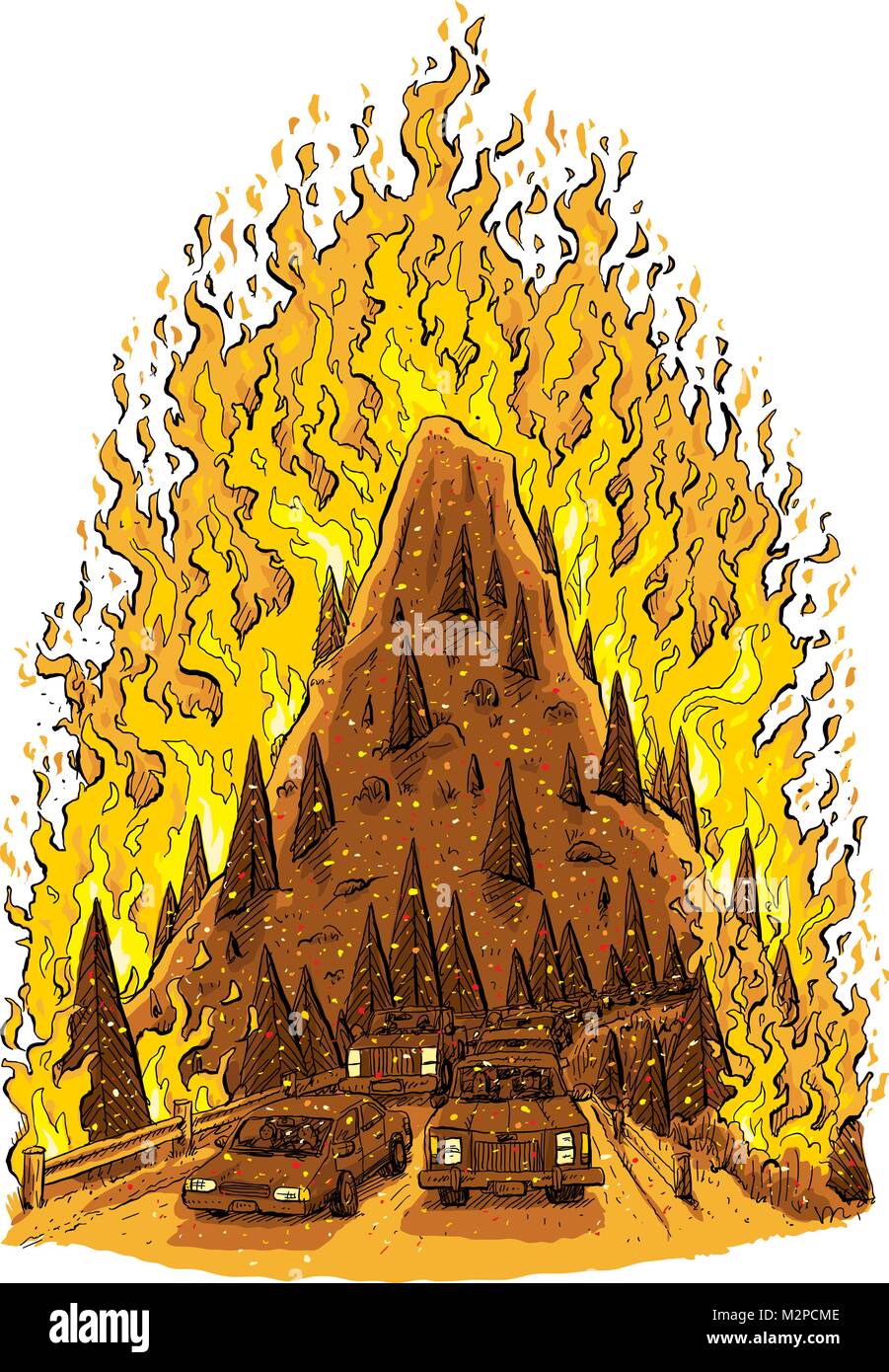 Eine Karikatur eines tobenden Waldbrand verbrauchen einen Berg Hügel mit einer Straße voller evakuieren Autos im Vordergrund. Stock Vektor