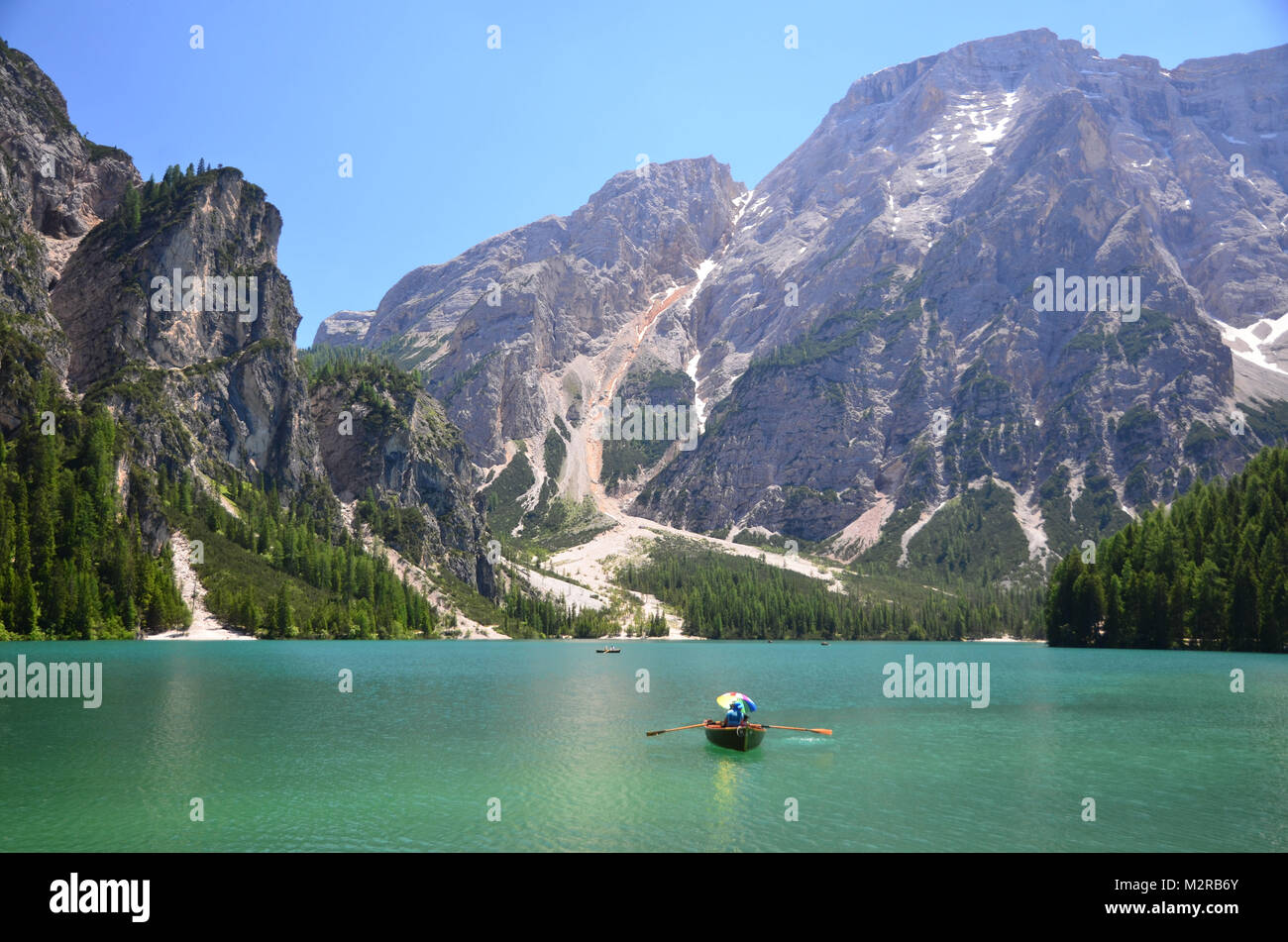 Pragser Wildsee/See in der Nähe Prags Seekofel, Pustertal, Dolomiten, Südtirol, Trentino, Italien Stockfoto