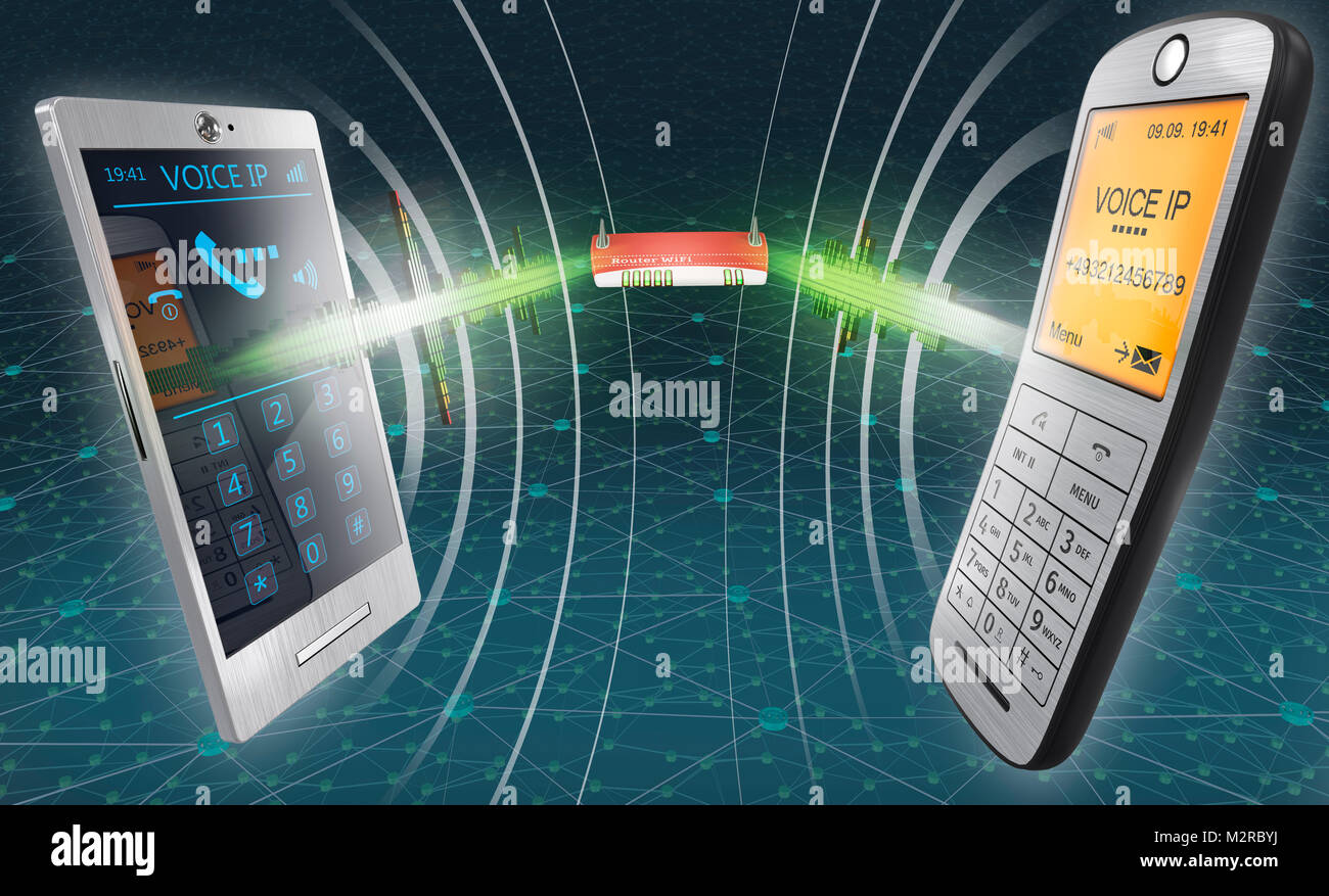 Smartphone, Telefon und Router vor türkisfarbenen Internet Netzwerk, Anschluss, zwei Audiosignale Stockfoto