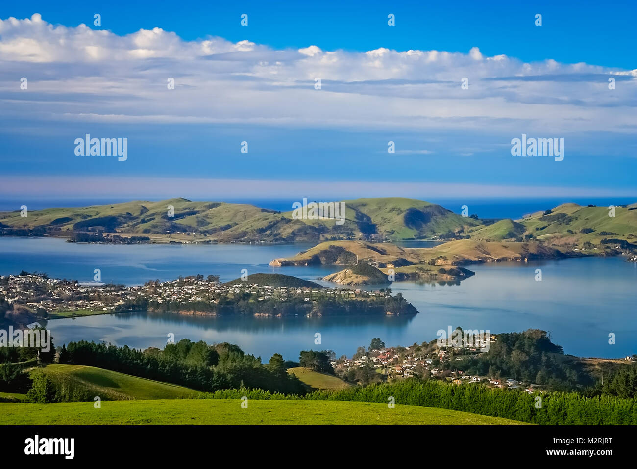 Dunedin Stadt und Bucht von den Hügeln oben gesehen, Südinsel, Neuseeland Stockfoto