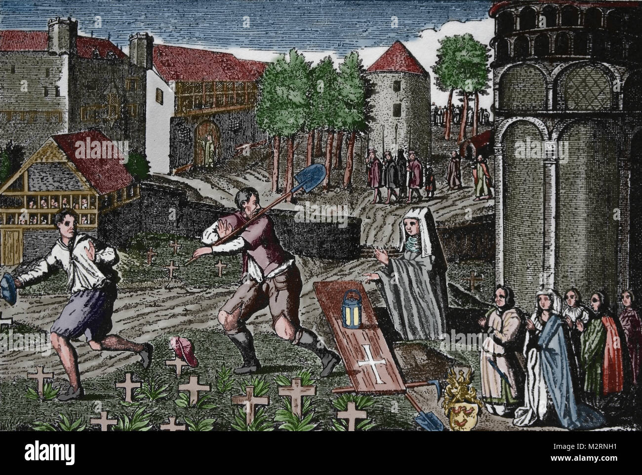 Ghost cotillion der Seelen der Schwarze Tod Opfer lebendig, 1347 begraben wurden. Deutsche Gravur, 1604. Stockfoto