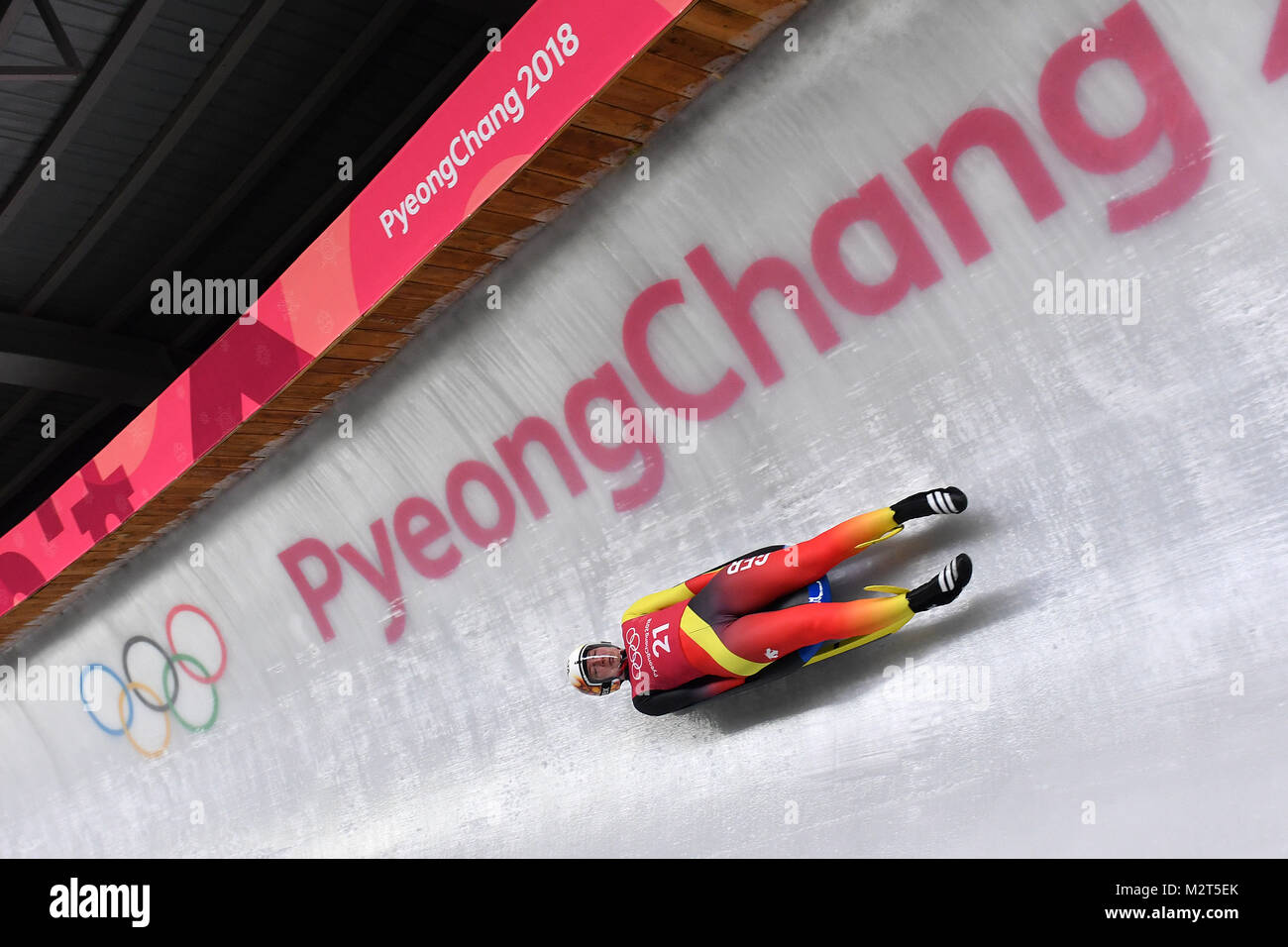 Tatjana Huefner (GER) vor-Olympischen Ringen, Aktion, Frauen, Frauen die Einzigen, Ausbildung, Olimypic Sliding Center, am 08.02.2018, Olympische Winterspiele 2018, vom 09.02. - 25.02.2018 in PyeongChang/Suedkorea. | Verwendung weltweit Stockfoto