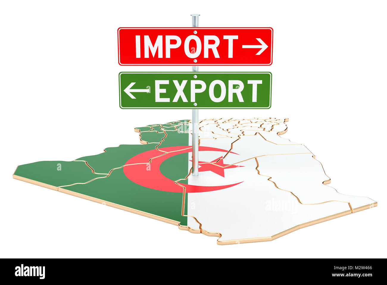 Import und Export in Algerien Konzept, 3D-Rendering auf weißem Hintergrund Stockfoto