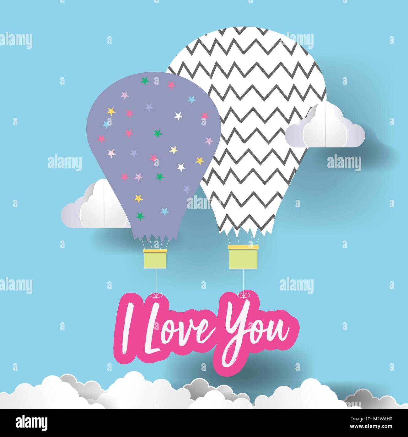 Paper art Design. Cute Heißluftballons als retro Fabric applique im Shabby Chic Stil im blauen Himmel. Vector Illustration. EPS 10. Stock Vektor