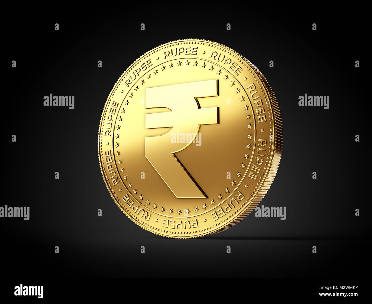 Rupie (INR) auf goldene Münze auf schwarzem Hintergrund isoliert. Realistische 3D-Rendering Stockfoto