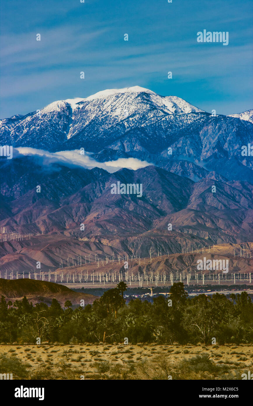 Schönen schneebedeckten Mount San Jacinto steigt über das Coachella Valley und San Gorgonio Pass Windpark, Palm Desert, Kalifornien Stockfoto