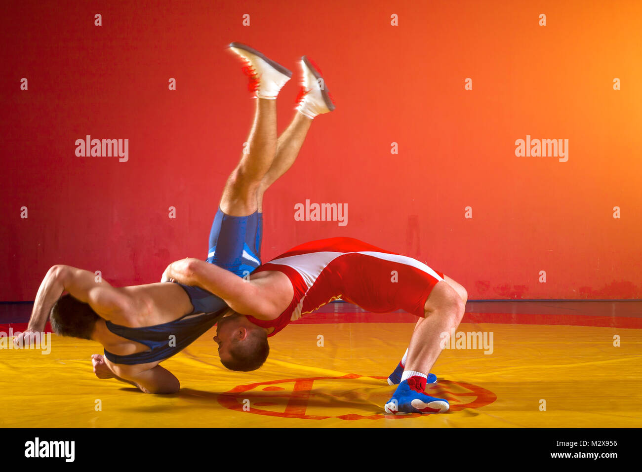Zwei starke Männer in Blau und Rot wrestling Strumpfhosen sind wrestlng und einen suplex wrestling auf einem gelben wrestling Teppich in der Turnhalle. Ringer tun g Stockfoto