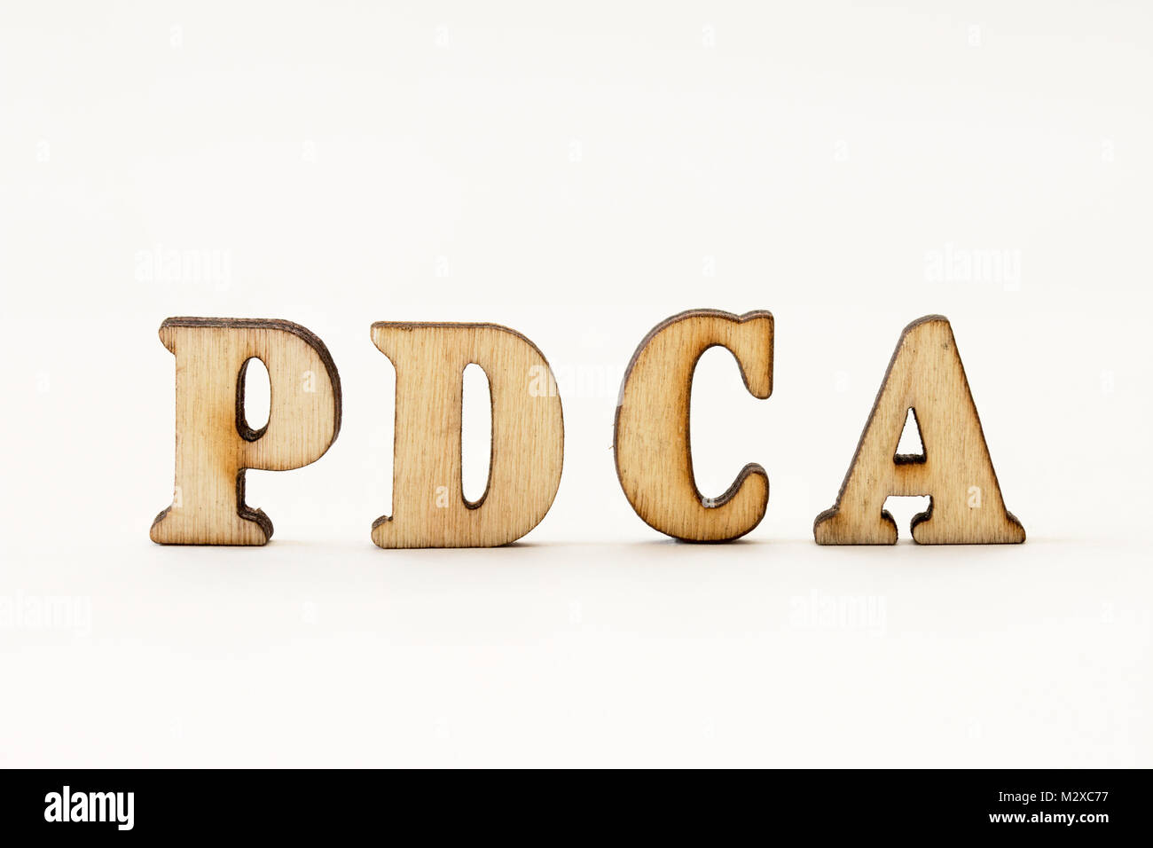 PDCA, Alphabet mit Holz- Board. plan-do-check-act-Zyklus Stockfoto