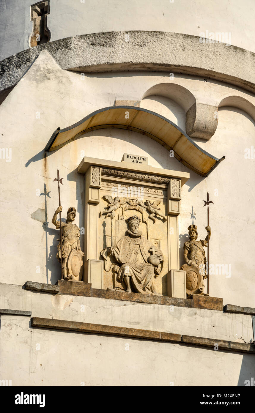 Rudolf II.-Denkmal, Reichenturm (Turm der Reichen), schiefen Turm in Bautzen, Oberlausitz, Sachsen, Deutschland Stockfoto