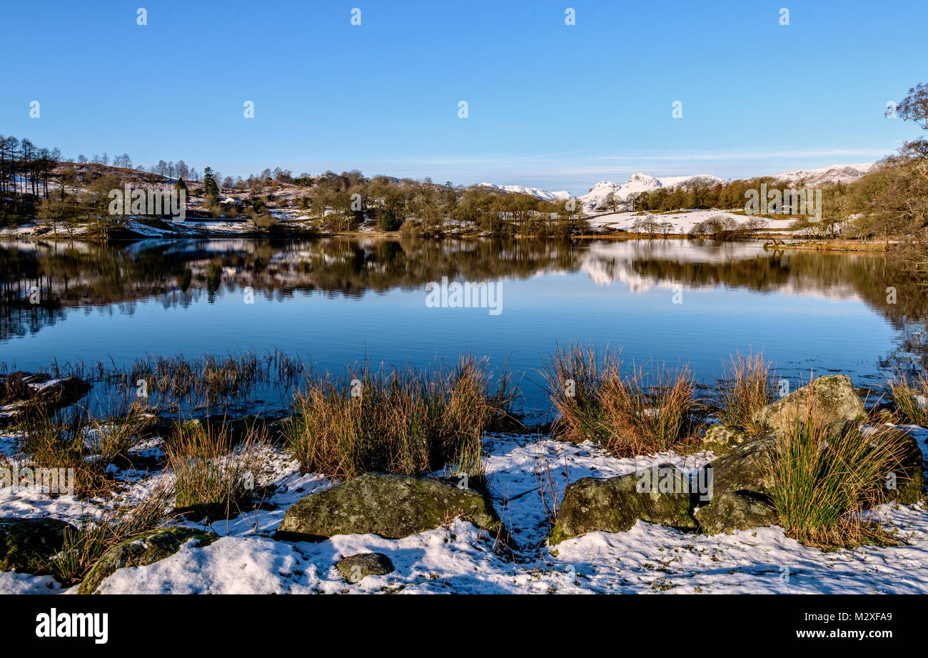 Loughrigg Tarn im Winter mit den Langdale Pikes hinter an einem kalten und schneereichen Februar morgen Stockfoto