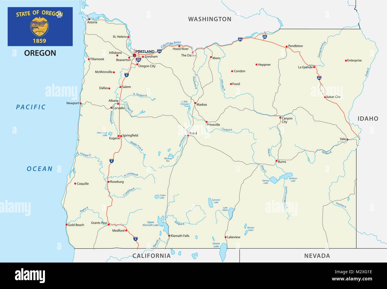 Oregon Straße Vektorkarte mit Fahne Stock Vektor