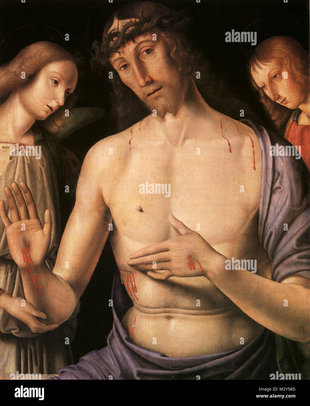 Raphael, Giovanni Santi, Raphael's Vater; Christus von zwei Engeln, c 1490 unterstützt. Stockfoto