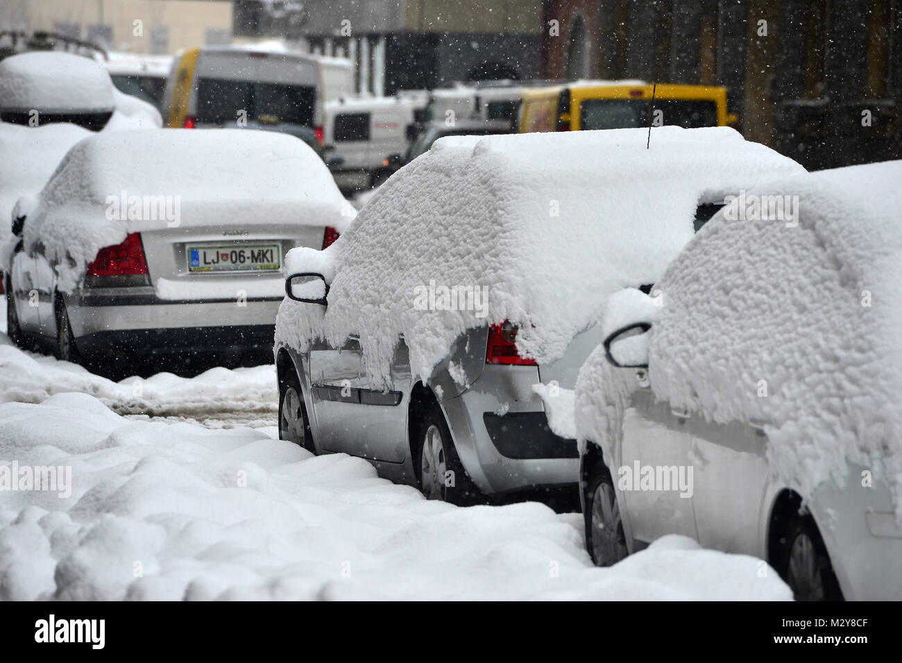 Lubljana, Slovenien auf Februar 7., 2018. Snowy Szene in Ljubljana, die Hauptstadt Sloweniens nach Schnee Sturm. Stockfoto