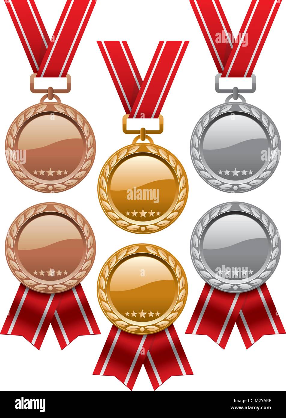 Vektor einrichten von Gold-, Silber- und Bronzemedaillen mit roten Bändern auf weißem Hintergrund. glänzende Medaille Symbole. Eps 10 Abbildung Stock Vektor