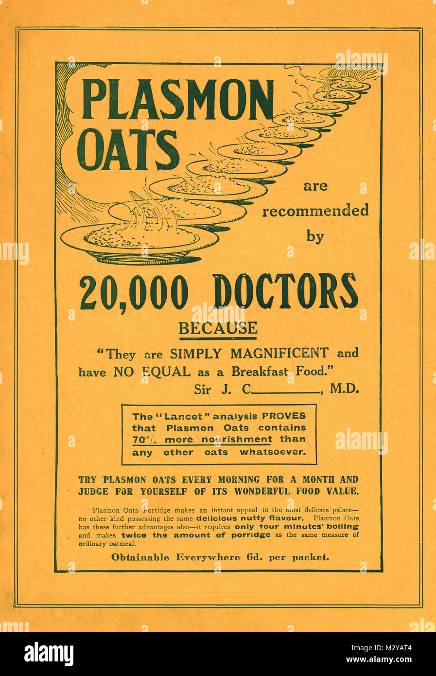 Plasmon Hafer Advert, ca. 1901, von nicht weniger als 20.000 Ärzten empfohlen! Stockfoto