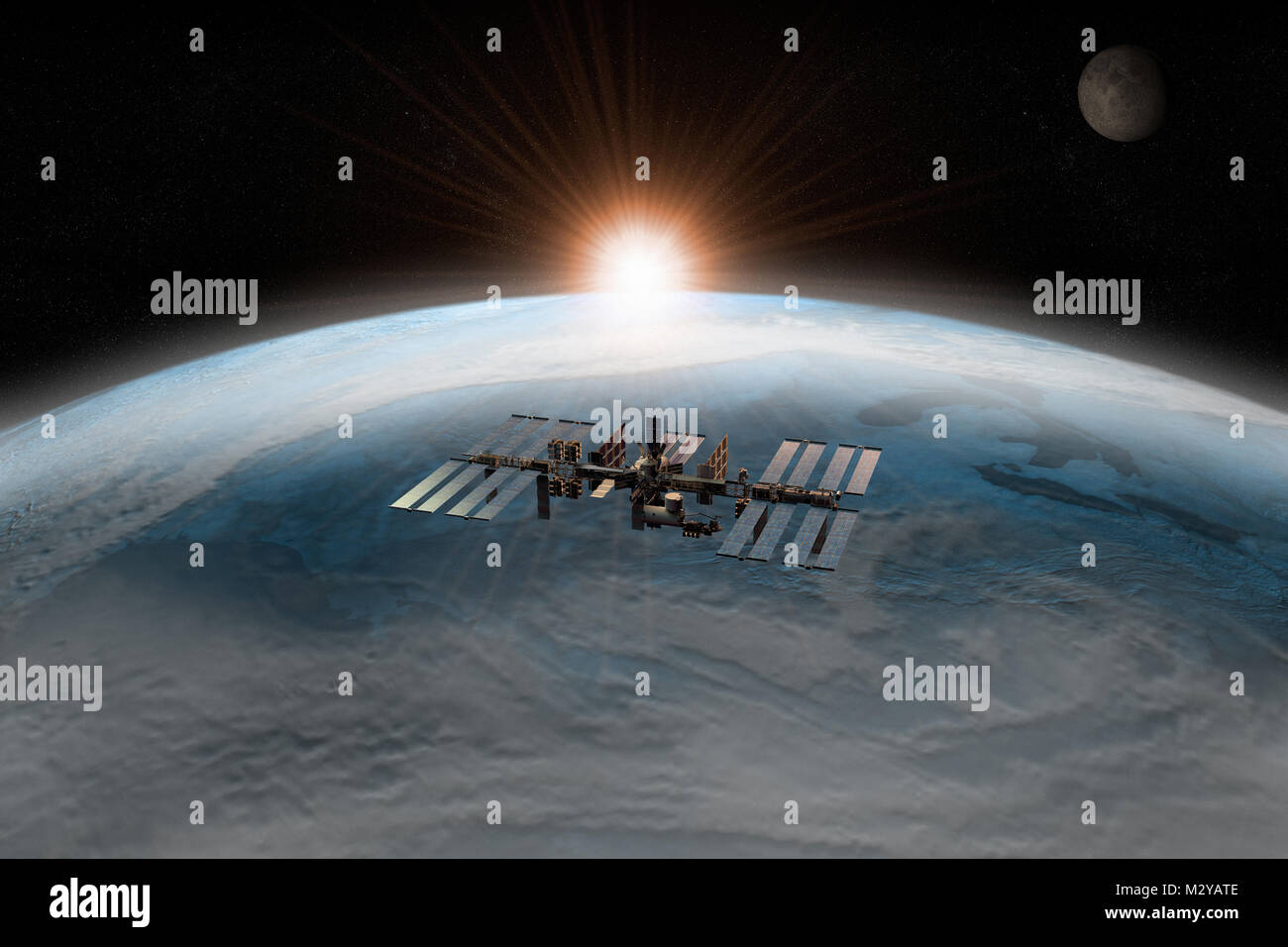 3D-Rendering der Internationalen Raumstation die Erde umkreist Stockfoto
