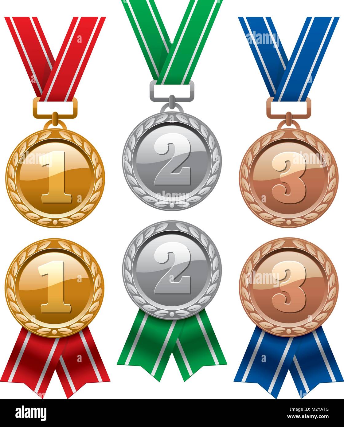 Vektor einrichten von Gold-, Silber- und Bronzemedaillen mit roten Bändern auf weißem Hintergrund. glänzende Medaille Symbole. Eps 10 Abbildung Stock Vektor