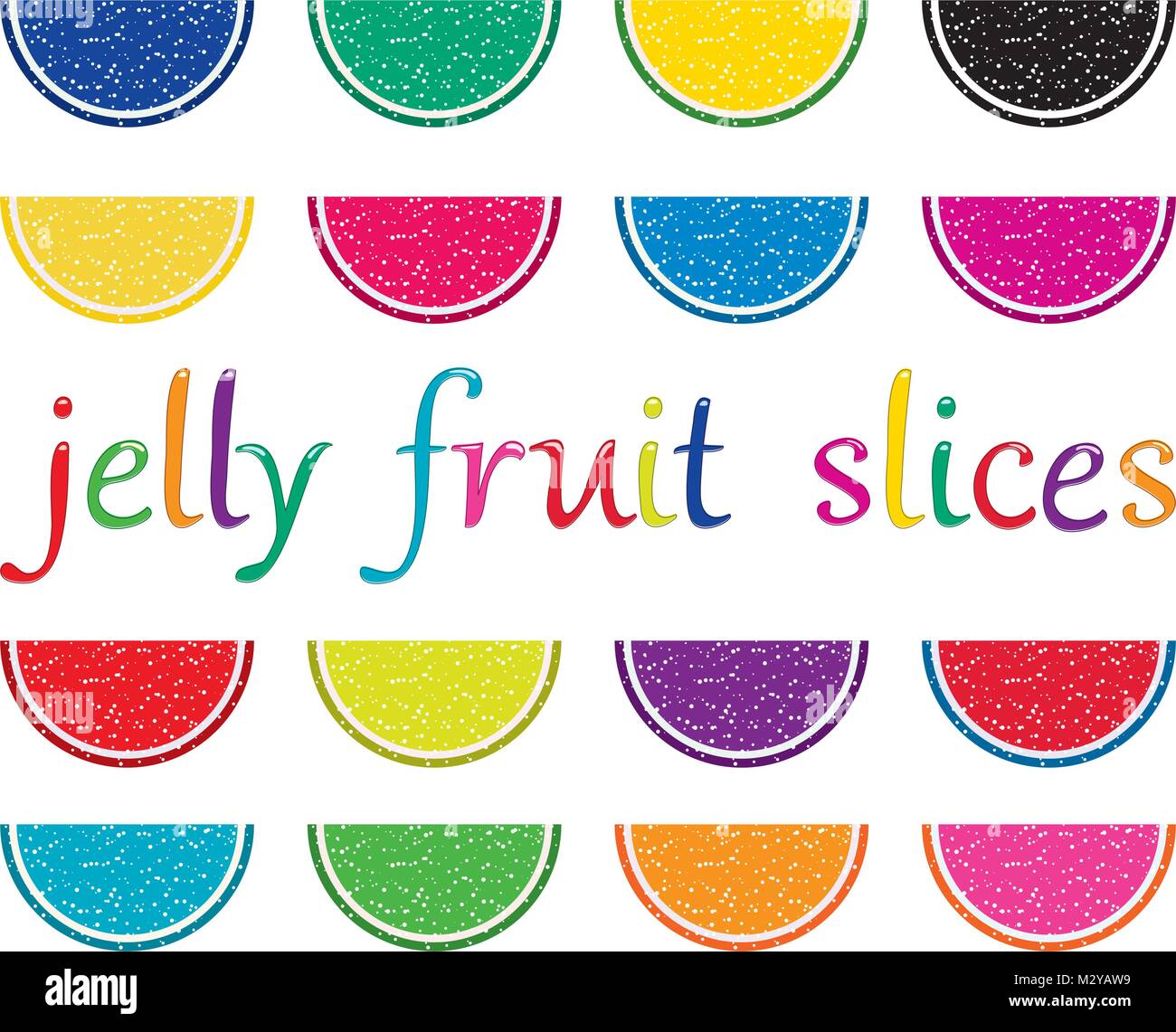 Vektor einrichten von bunten Früchten Gelee Scheiben auf weißem Hintergrund. jelly Fruchtschnitten Text. Zucker Citrus candy für Lebensmittel Hintergründe Stock Vektor