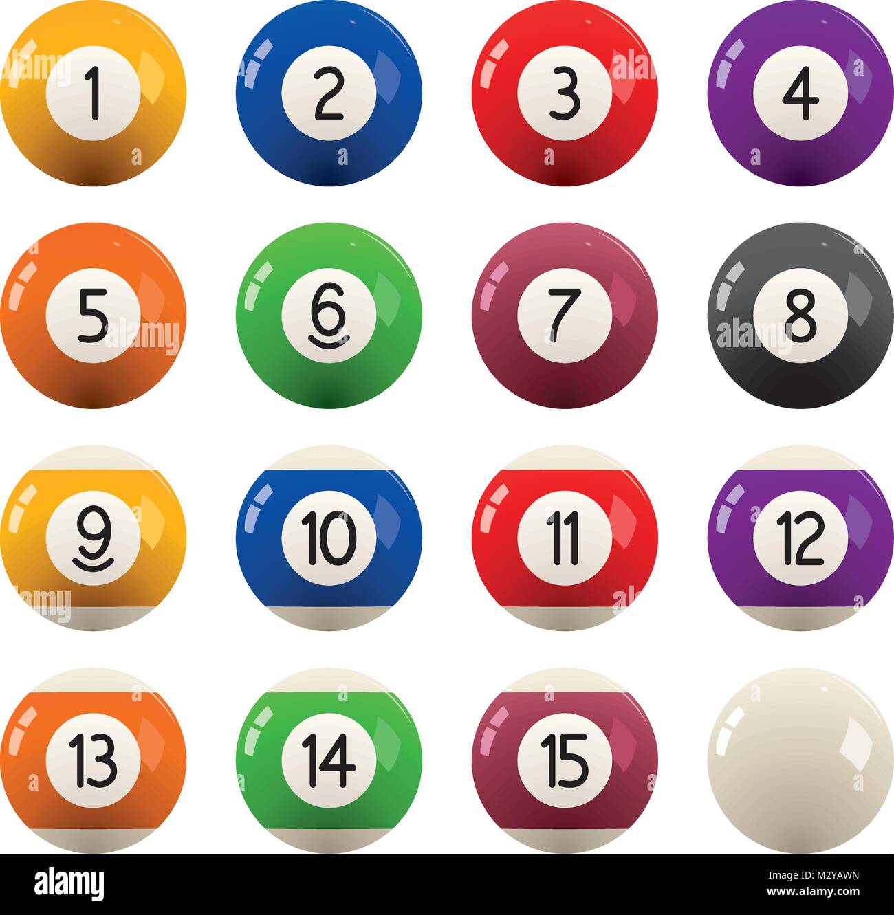 Vektor Sammlung von Billard Billard oder Snooker Kugeln mit Zahlen auf weissem Hintergrund, eps