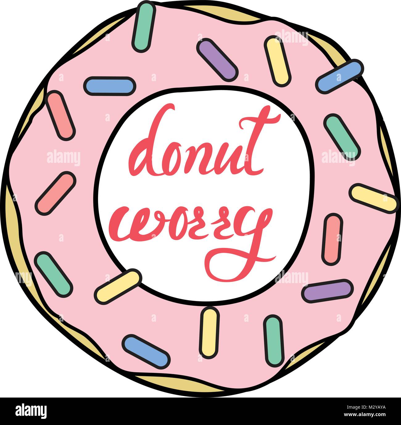 Vektor Donut clipart mit Donut sorgen Text. Frühstück Donut mit rosa Glasur und bunten Streuseln. Moderne flachem Design Stock Vektor