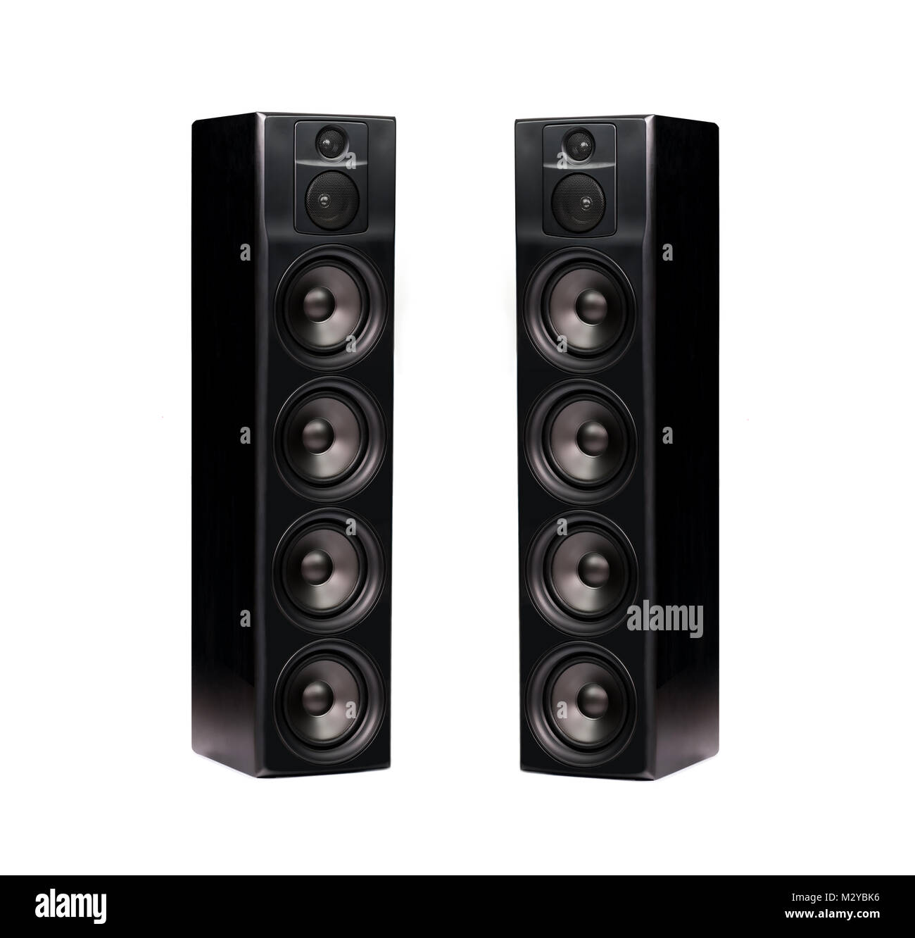 Paar professionelle moderne Audio Lautsprecher in Schwarz Holzgehäuse auf weißem Hintergrund Stockfoto
