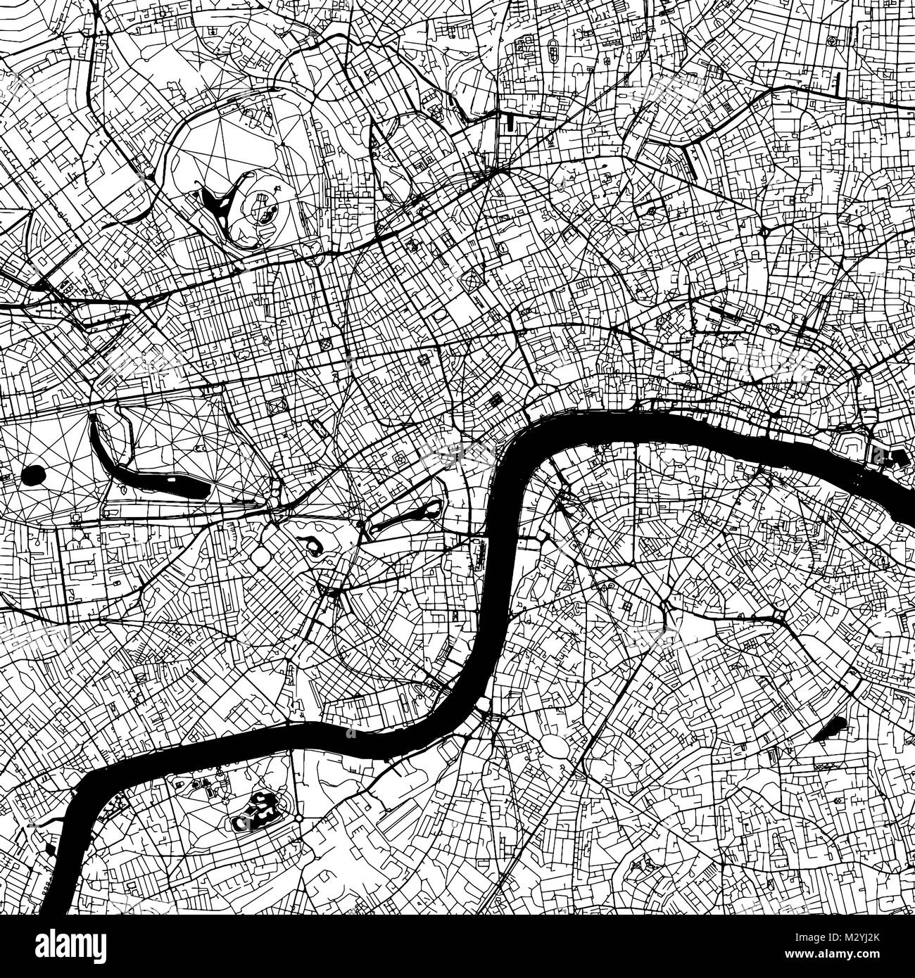 London Downtown Vektorkarte Monochrome Kunstdruck, Outline Version für Infografik Hintergrund, schwarze Straßen und Wasserstraßen Stock Vektor