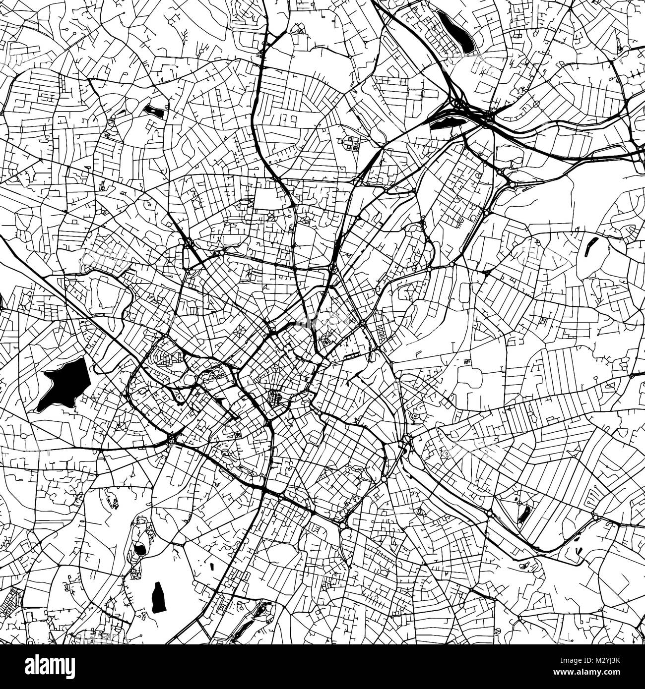 Birmingham Downtown Vektorkarte Monochrome Kunstdruck, Outline Version für Infografik Hintergrund, schwarze Straßen und Wasserstraßen Stock Vektor