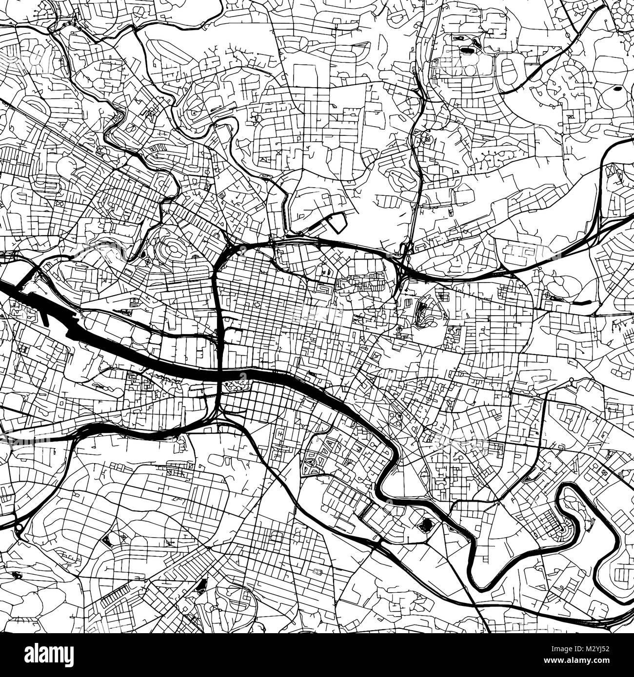 Glasgow Innenstadt Vektorkarte Monochrome Kunstdruck, Outline Version für Infografik Hintergrund, schwarze Straßen und Wasserstraßen Stock Vektor