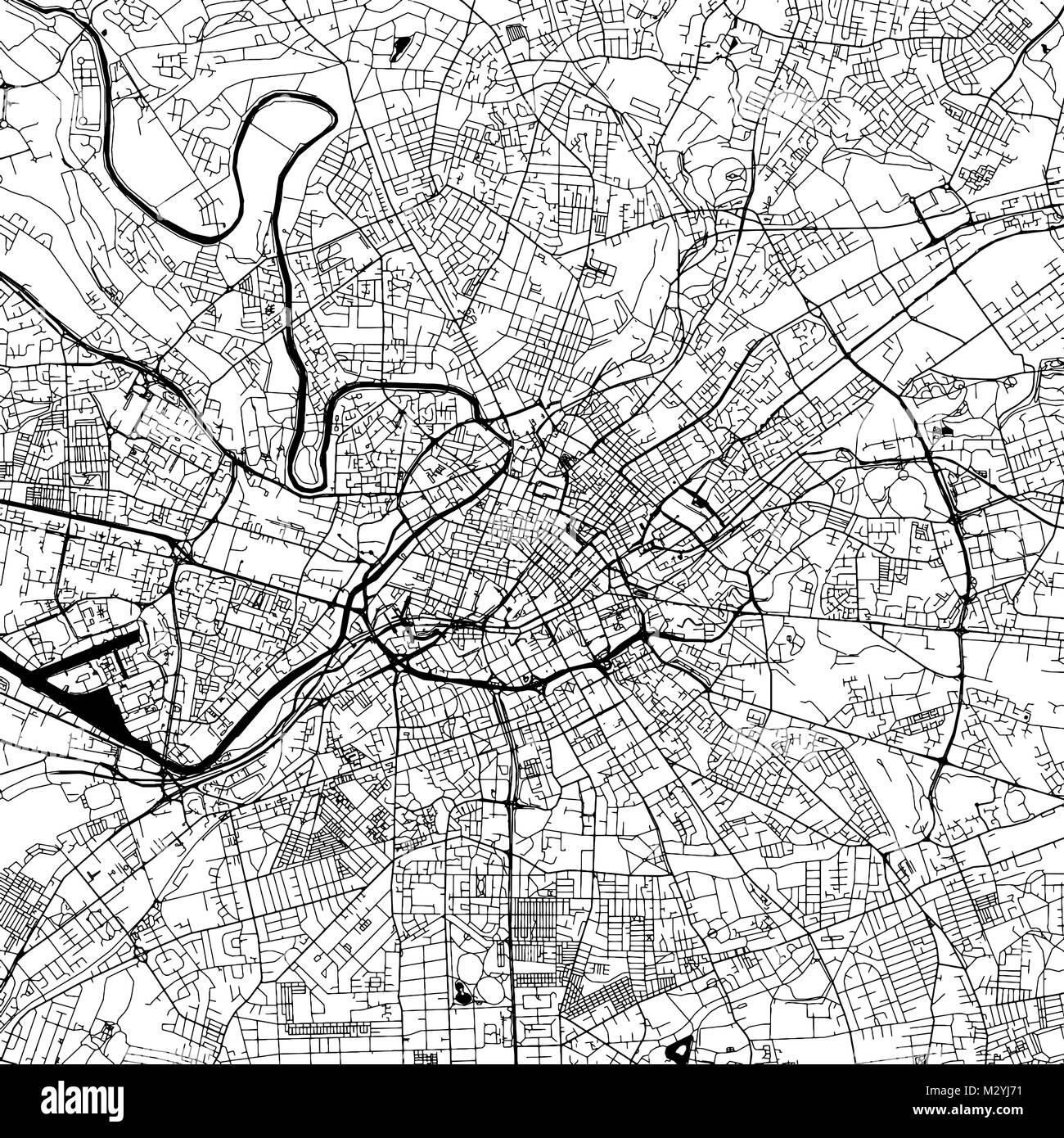 Manchester Downtown Vektorkarte Monochrome Kunstdruck, Outline Version für Infografik Hintergrund, schwarze Straßen und Wasserstraßen Stock Vektor