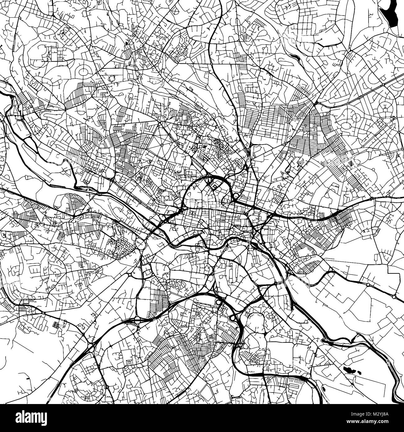 Leeds Downtown Vektorkarte Monochrome Kunstdruck, Outline Version für Infografik Hintergrund, schwarze Straßen und Wasserstraßen Stock Vektor