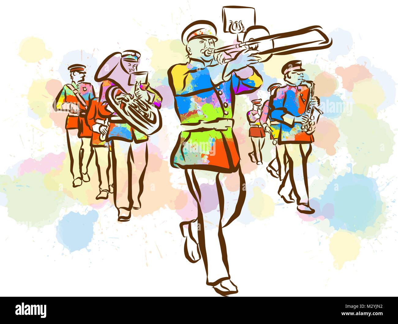 Bunte Marching Band Skizze. Hand gezeichnet Vector Illustration, Splatter Farbe isoliert auf weißem Hintergrund. Kreative Kommunikation Konzept. Stock Vektor