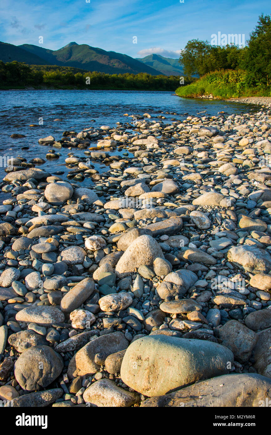 Bystraya pebblestones Strand am Fluss, Kamtschatka, Russland Stockfoto