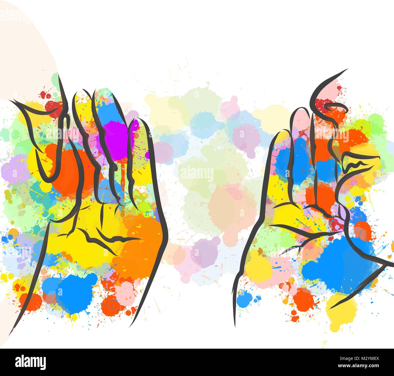 Bunte Klatsch Hände Skizze. Hand gezeichnet Vector Illustration, Splatter Farbe isoliert auf weißem Hintergrund. Kreative Kommunikation Konzept. Stock Vektor