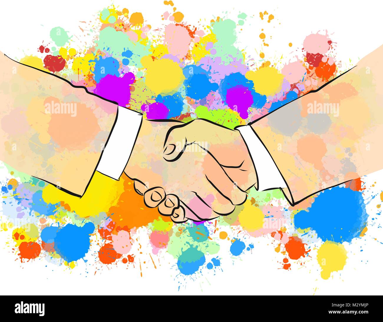 Business Handshake mit bunten Hintergrund. Hand gezeichnet Vector Illustration, Splatter Farbe isoliert auf weißem Hintergrund. Kreative Kommunikation Conc Stock Vektor