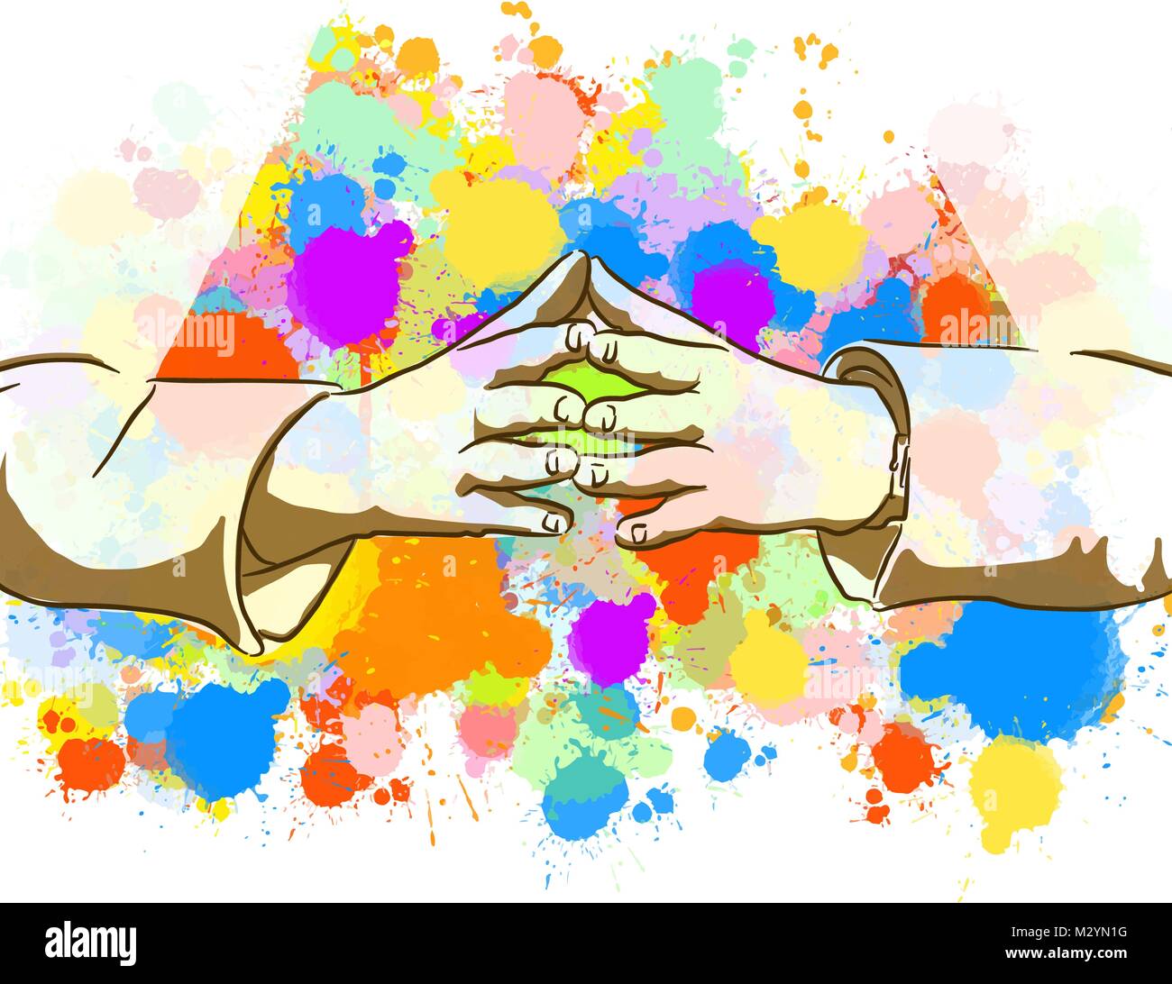 Geschäftsfrau bunte Hände unterzeichnen. Hand gezeichnet Vector Illustration, Splatter Farbe isoliert auf weißem Hintergrund. Kreative Kommunikation Konzept. Stock Vektor