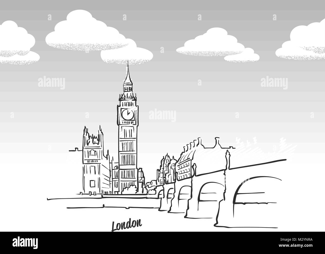 London, Vereinigtes Königreich Wahrzeichen Skizze. Lineart Zeichnung von Hand. Grußkarte Symbol mit Titel, Vektor, Abbildung Stock Vektor