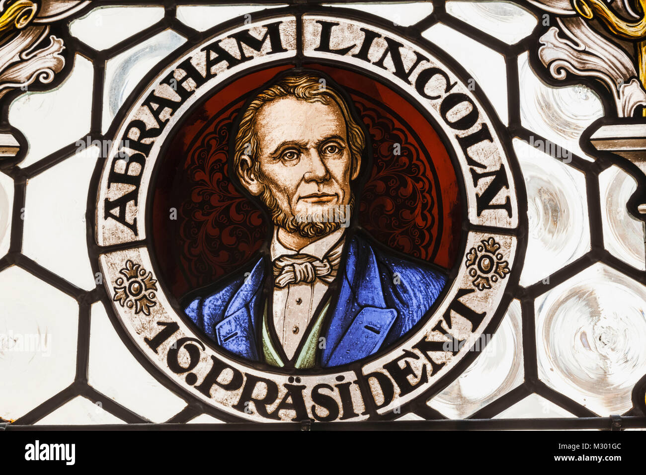 Deutschland, Bayern, München, Marienplatz, Neues Rathaus aka Neus Ratshaus, Glasfenster Abraham Lincoln Stockfoto