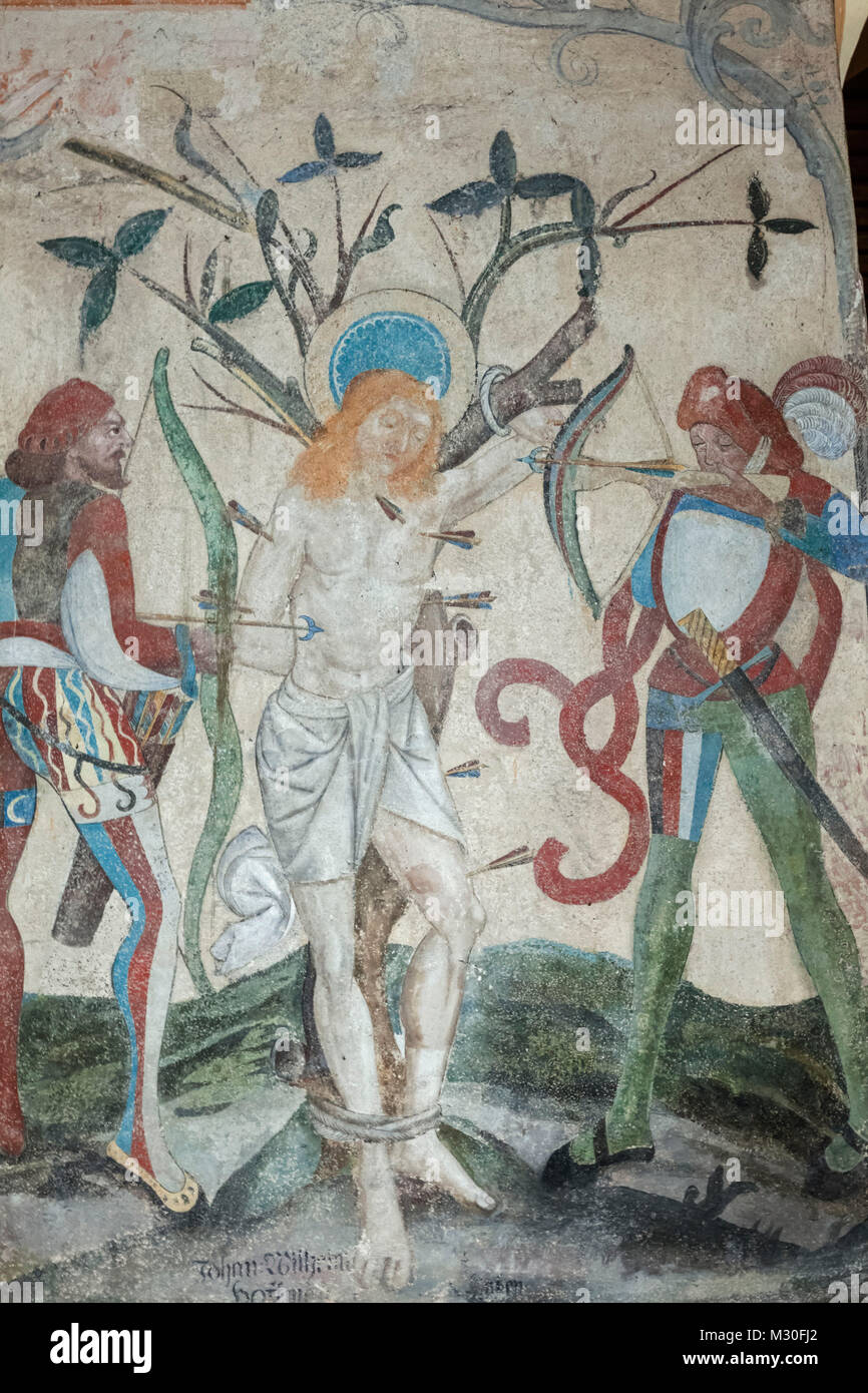 Deutschland, Rheinland-Pfalz, Oberwesel, St. Martin's Church, 16. Jahrhundert Wandmalerei mit der Darstellung der Verfolgung von Jesus Christus Stockfoto