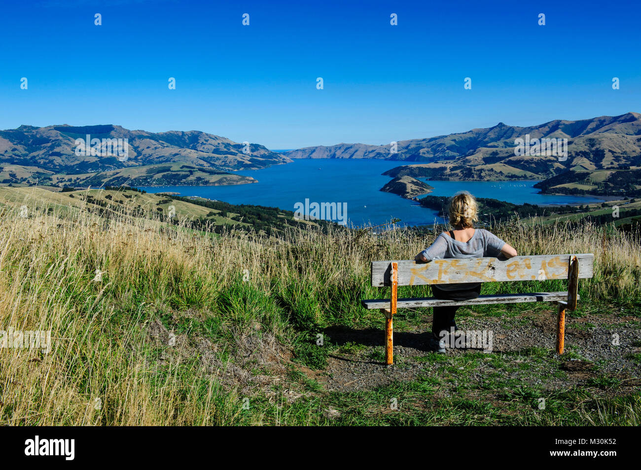 Frau genießt die Aussicht auf den wunderschönen Hafen von Akaroa Halbinsel, Banken, Südinsel, Neuseeland Stockfoto