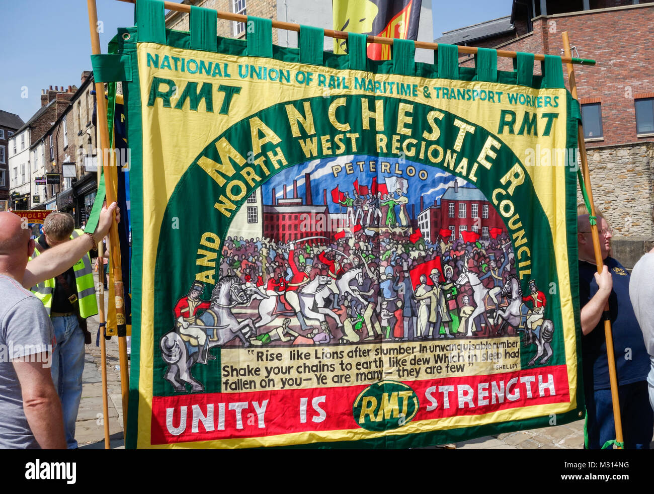 RMT-Banner an der Durham Bergleute Gala. Durham, Großbritannien. Stockfoto